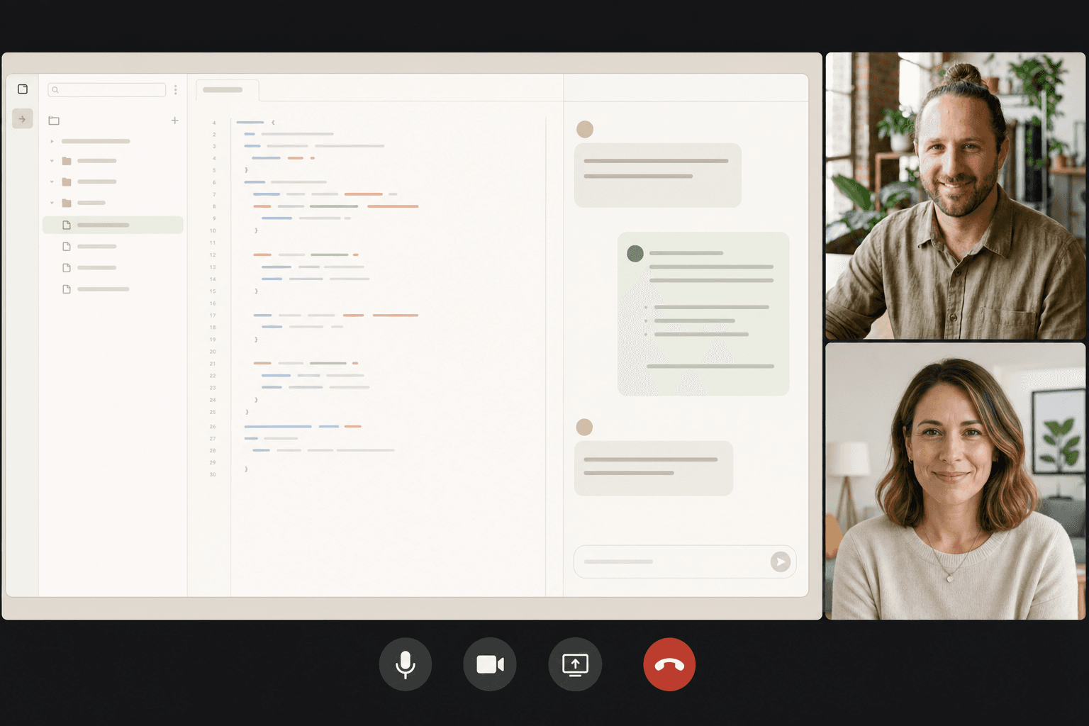 Callie on a one-on-one video call, screen-sharing an AI workspace